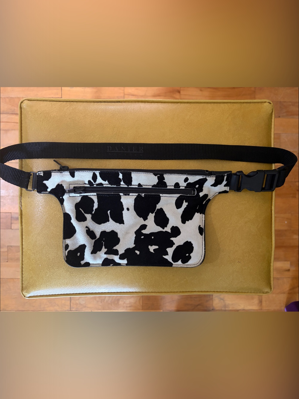 Vintage Danier Leather Black & White Cow Print Crossbody Belt Bag
